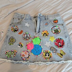 Embroidered Denim Mini Skirt with Colorful Patches NWT